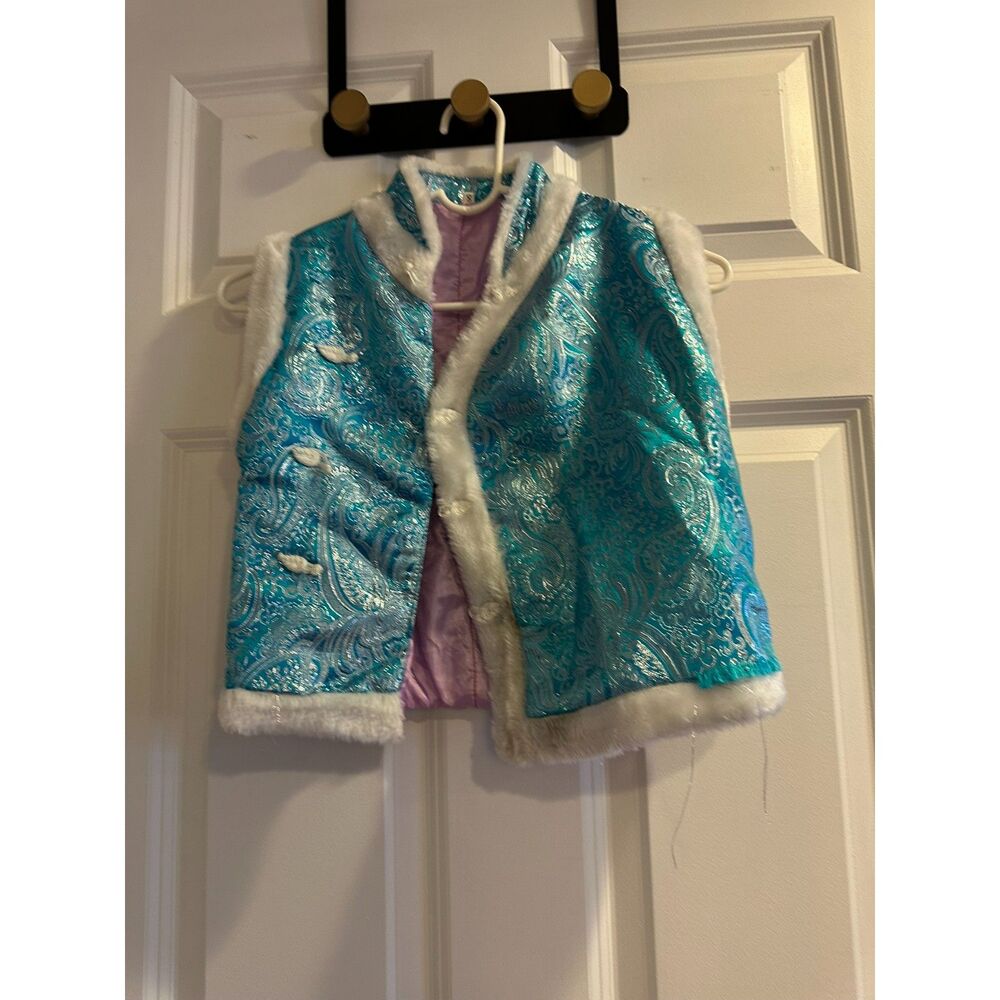 Boys Lunar Year Costume Vest Size 5/6 Blue Brocade Faux Fur Trim